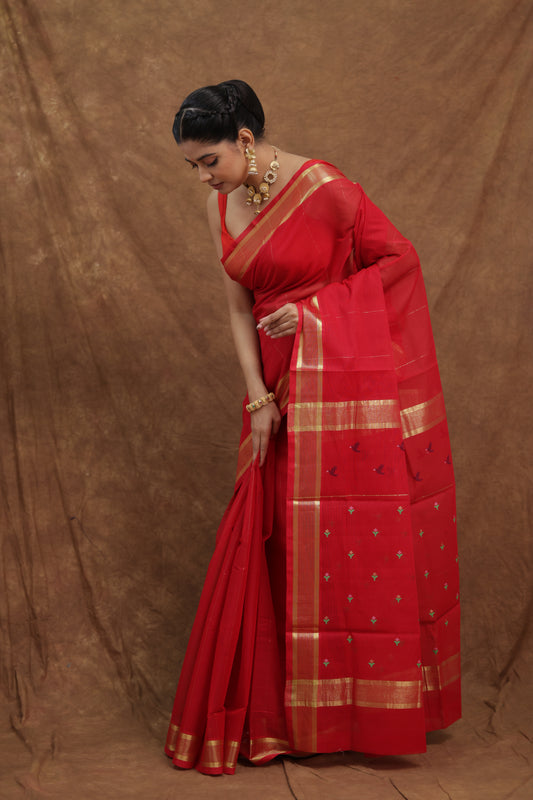 Vibrant Red Kanchipuram SICO Saree with Golden Woven Border