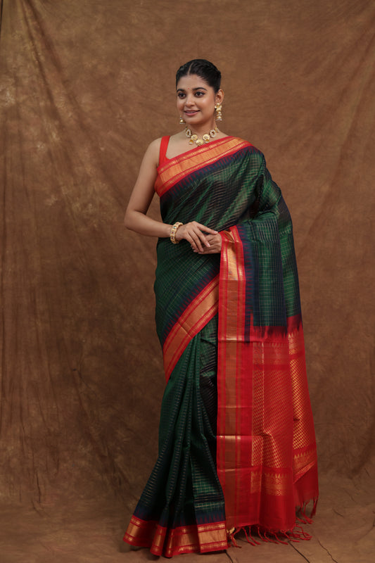 Bottle Green Kanchipuram SICO Saree with Red Woven Pallu