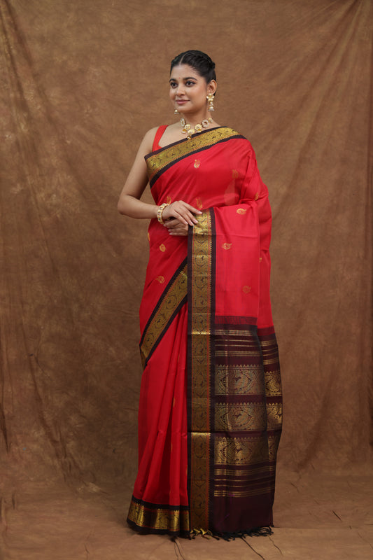 Vibrant Red Kanchipuram SICO Saree with Deep Purple Woven Border