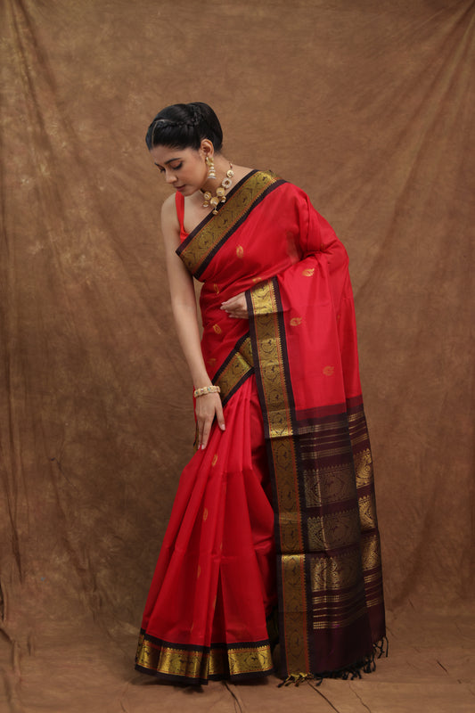 Vibrant Red Kanchipuram SICO Saree with Deep Purple Woven Border