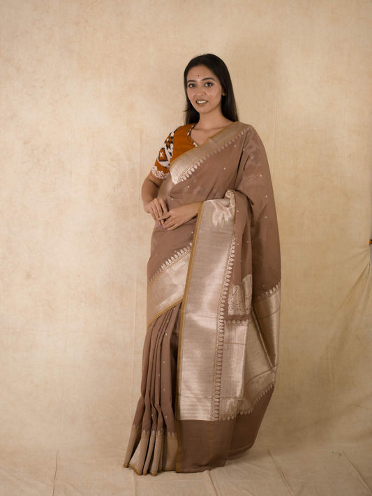 PURE COTTON LIGHT BROWN COLOUR BENARASI  SAREE WITH 97 CM BLOUSE PIECE