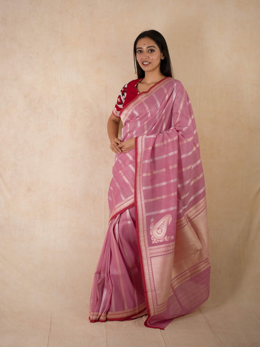 PURE COTTON LIGHT PINK COLOUR BENARASI SAREE WITH 95 CM BLOUSE PIECE