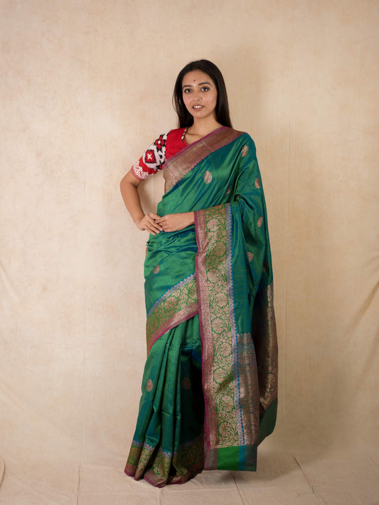PURE DUPION SILK GREEN BLUE DUAL TONE BENARASI SAREE WITH 84 CM BLOUSE PIECE