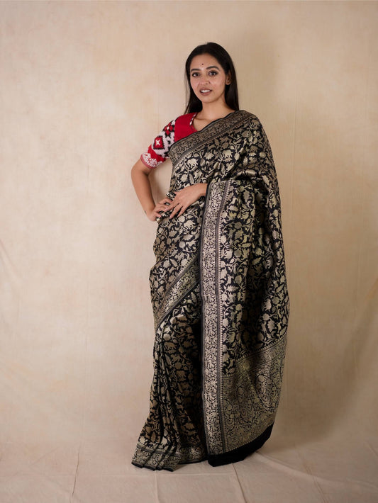 PURE KATAN SILK BLACK COLOUR BENARASI SAREE WITH 97 CM BLOUSE PIECE