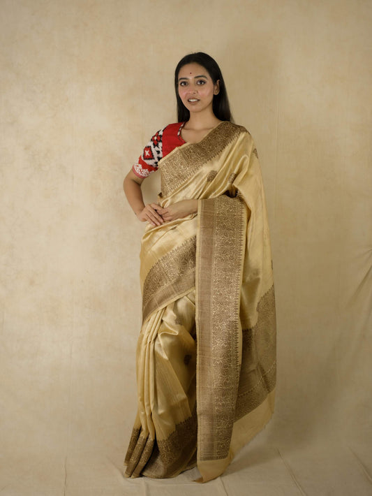 PURE DUPION SILK COFFEE CREAM COLOUR BENARASI SAREE WITH 90 CM BLOUSE PIECE
