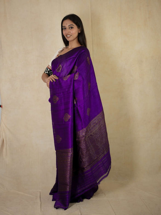 HANDWOVEN PURPLE COLOUR DUPION TUSSAR BANARASI SAREE WITH 91 CM BLOUSE PICES