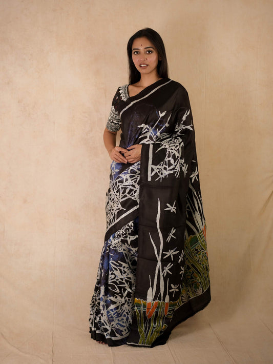 HANDWOVEN BLACK & WHITE SAREE COLOUR BATIK SILK WITH 95 CM BLOUSE PIECE