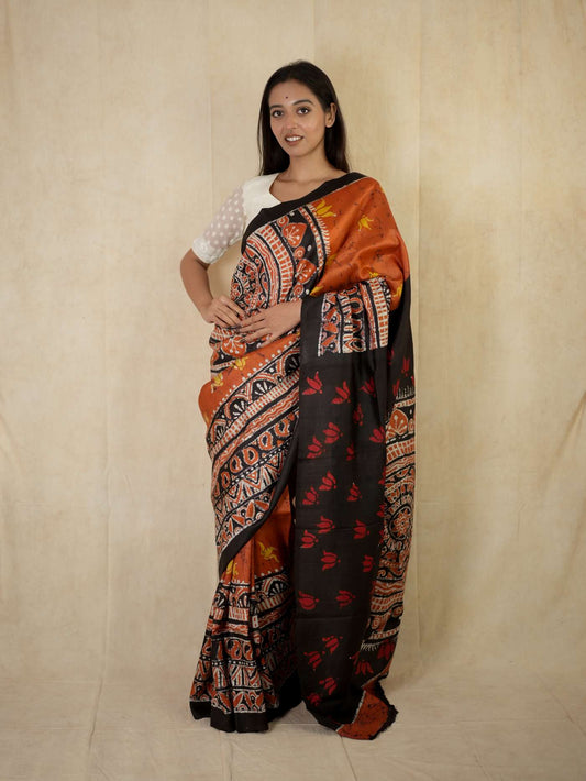 HANDWOVEN RUSTY ORANGE COLOUR BATIK (MANDALA) SILK SAREE WITH 1 M BLOUSE PIECE