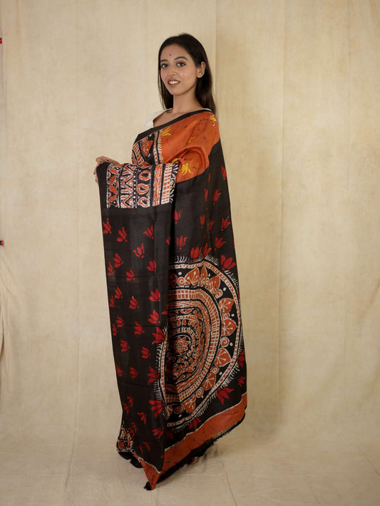 HANDWOVEN RUSTY ORANGE COLOUR BATIK (MANDALA) SILK SAREE WITH 1 M BLOUSE PIECE