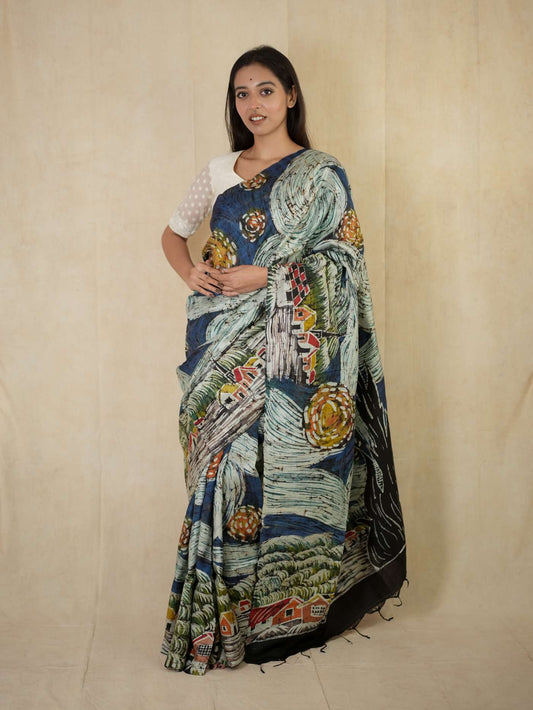 HANDWOVEN BLUE COLOUR BATIK SILK SAREE WITH 93 CM BLOUSE PIECE