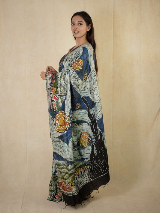 HANDWOVEN BLUE COLOUR BATIK SILK SAREE WITH 93 CM BLOUSE PIECE