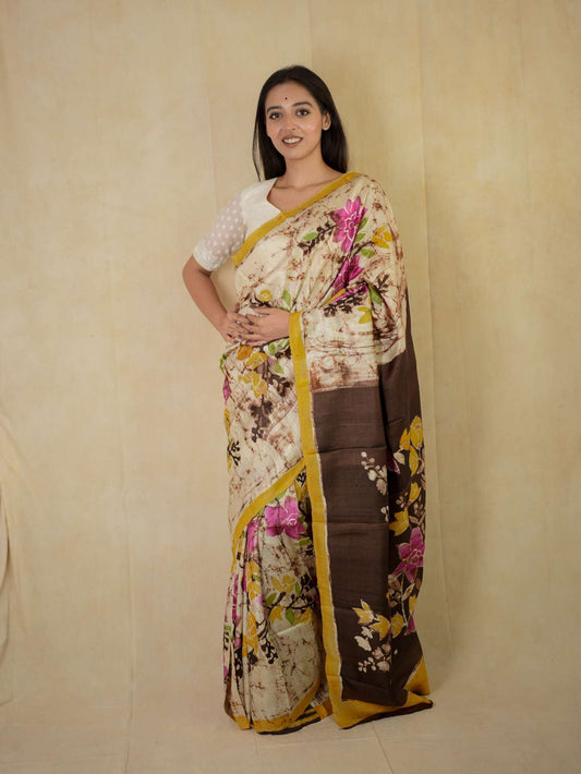HANDWOVEN CREAM COLOUR BATIK SILK SAREE WITH 92 CM BLOUSE PIECE