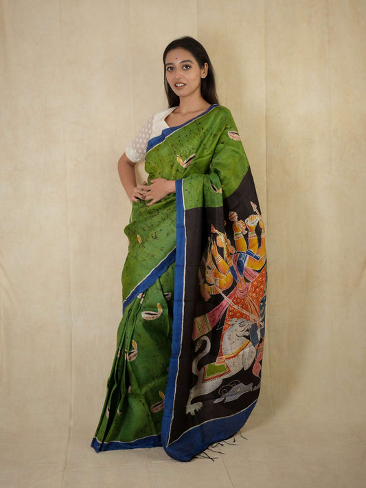 HANDWOVEN GREEN COLOUR BATIK (TRADITIONAL) SILK SAREE WITH 97 CM BLOUSE PIECE