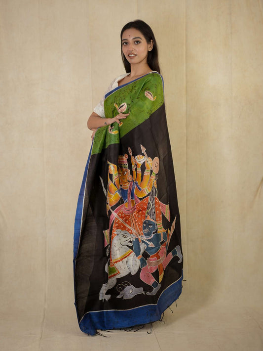 HANDWOVEN GREEN COLOUR BATIK (TRADITIONAL) SILK SAREE WITH 97 CM BLOUSE PIECE