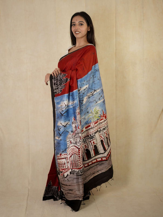 HANDWOVEN RED COLOUR BATIK (ARECHITECTURAL) SILK SAREE WITH 88 CM BLOUSE PIECE