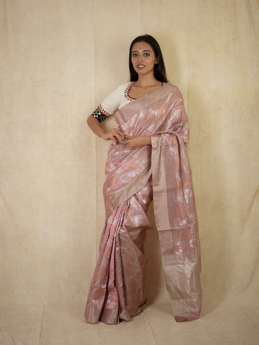 HANDWOVEN PINK COLOUR CHANDERI SILK SAREE WITH 1 M BLOUSE PIECE