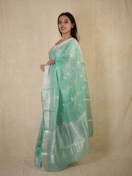 HANDWOVEN SEA GREEN COLOUR CHANDERI SILK SAREE WITH 1 M BLOUSE PIECE