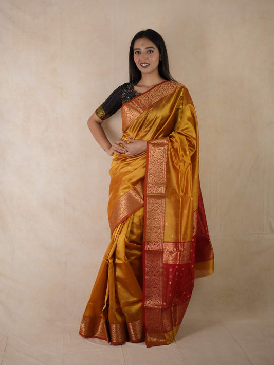 HANDWOVEN DUAL TONE OF RED AND YELLOW COLOUR CHANDERI SILK SAREE WITH 94 CM BLOUSE PIECE