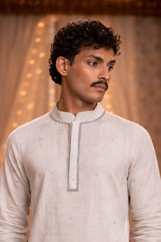 Premium Ash Grey Cotton Kurta with Minimal Butta Detailing