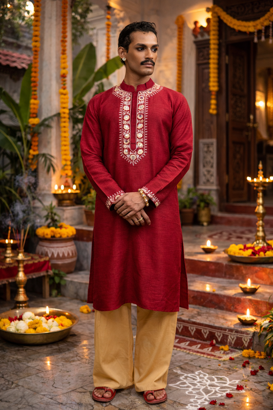 Rich Maroon Silk Blend Kurta with Intricate Embroidery