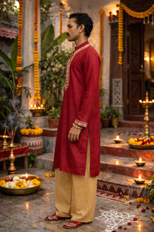 Rich Maroon Silk Blend Kurta with Intricate Embroidery