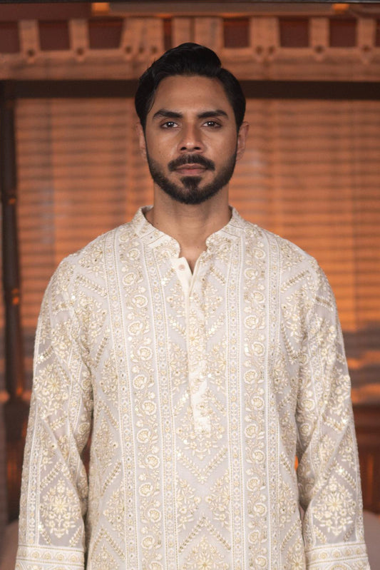 Royal Cream Silk Kurta with Intricate Golden Embroidery Work