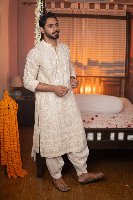Royal Cream Silk Kurta with Intricate Golden Embroidery Work