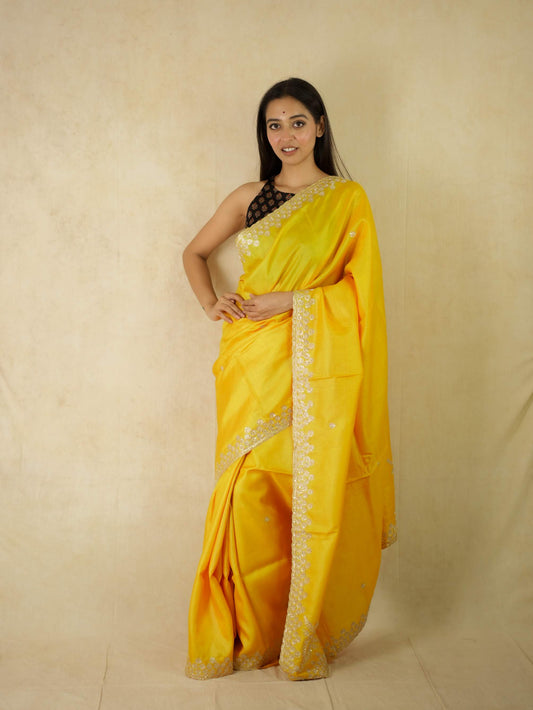HAND ZARDOSI YELLOW COLOUR TUSSAR SILK SAREE WITH 1 M BLOUSE PIECE