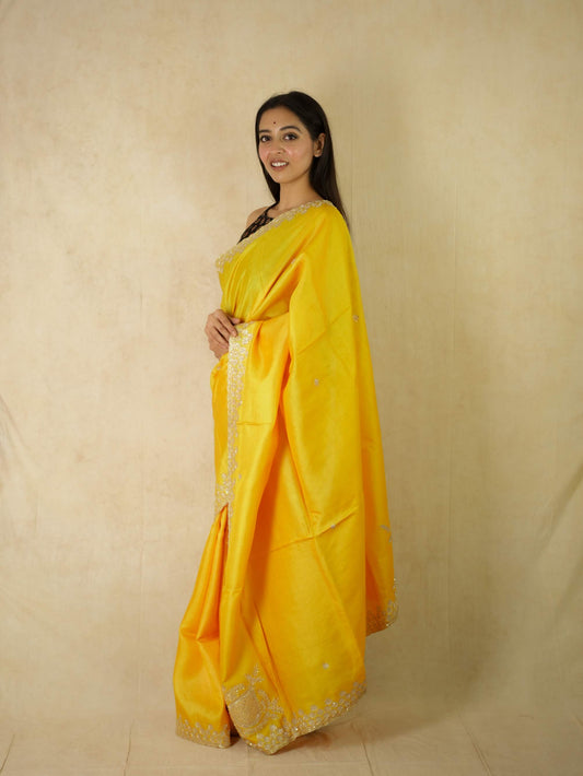 HAND ZARDOSI YELLOW COLOUR TUSSAR SILK SAREE WITH 1 M BLOUSE PIECE