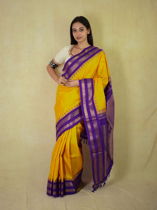 HANDWOVEN YELLOW  COLOUR GADWAL SILK SAREE WITH 90 CM BLOUSE PIECE