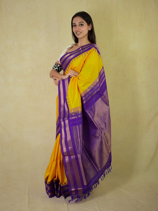 HANDWOVEN YELLOW  COLOUR GADWAL SILK SAREE WITH 90 CM BLOUSE PIECE