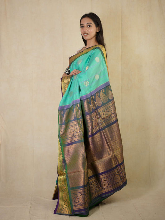 HANDWOVEN SKY BLUE & GREEN DUAL TONE GADWAL SILK SAREE WITH 88 CM BLOUSE PIECE