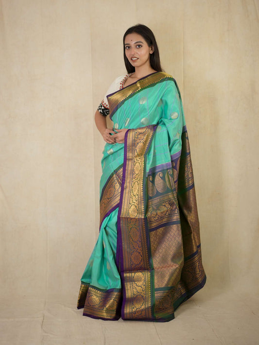 HANDWOVEN SKY BLUE & GREEN DUAL TONE GADWAL SILK SAREE WITH 88 CM BLOUSE PIECE