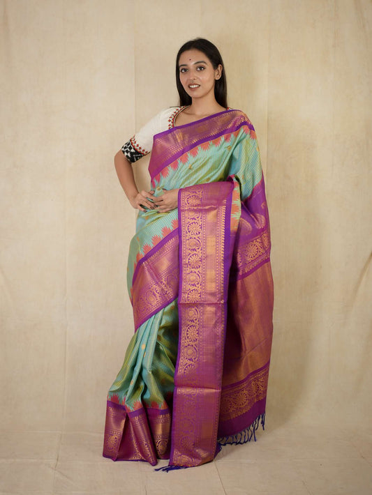 HANDWOVEN SKY BLUE-YELLOW DUAL TONE GADWAL SILK SAREE WITH 79 CM BLOUSE PIECE