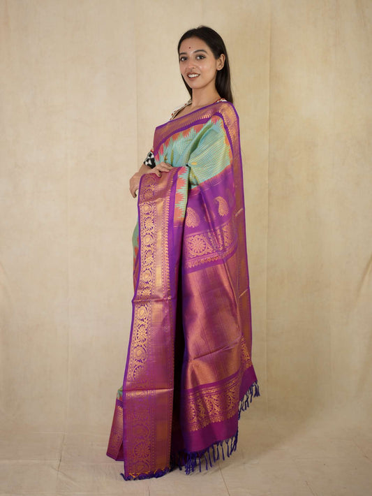 HANDWOVEN SKY BLUE-YELLOW DUAL TONE GADWAL SILK SAREE WITH 79 CM BLOUSE PIECE