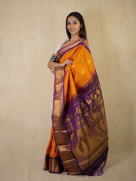 HANDWOVEN RED AND YELLOW COLOR GADWAL SILK SAREE WITH 75 CM BLOUSE PIECE