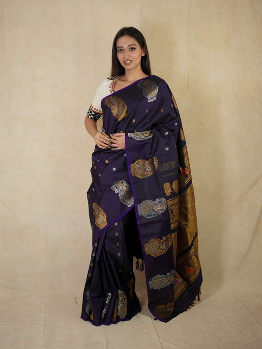 HANDWOVEN BLUE COLOUR GADWAL SILK SAREE WITH 83 CM BLOUSE PIECE