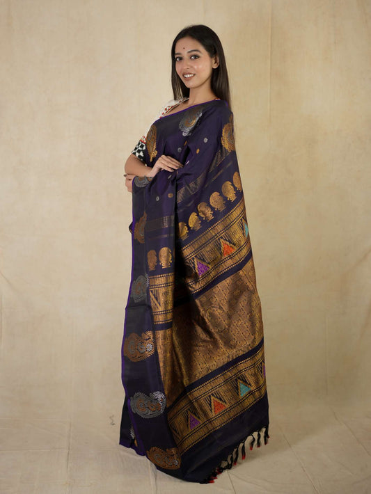 HANDWOVEN BLUE COLOUR GADWAL SILK SAREE WITH 83 CM BLOUSE PIECE