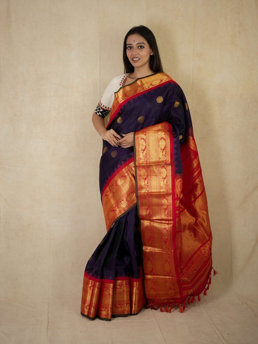 HANDWOVEN NAVY BLUE COLOUR GADWAL SILK SAREE WITH 80 CM BLOUSE PIECE