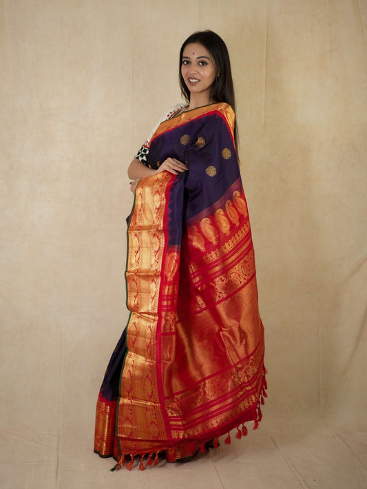 HANDWOVEN NAVY BLUE COLOUR GADWAL SILK SAREE WITH 80 CM BLOUSE PIECE