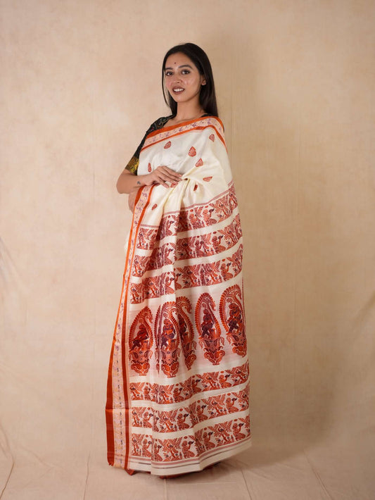 HANDWOVEN CREAM COLOUR GOROD SILK SAREE WITH 97 CM BLOUSE PIECE