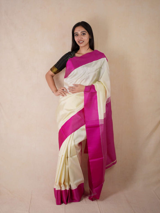 HANDWOVEN CREAM COLOUR GOROD SILK SAREE WITH 80 CM BLOUSE PIECE