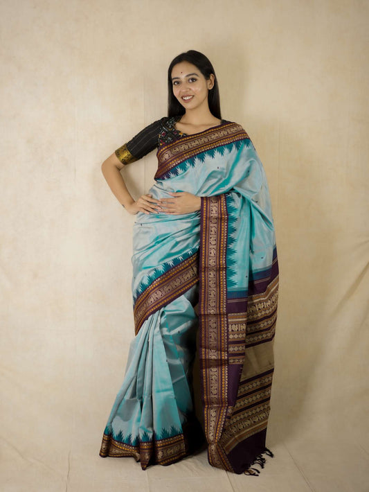HANDWOVEN SKY BLUE COLOUR KANJEEVARAM SILK SAREE WITH 77 CM BLOUSE PIECE