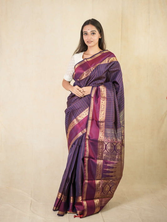 HANDWOVEN PURPLES BLUE COLOUR KANJEEVARAM SILK SAREE WITH 84 CM BLOUSE PIECE.