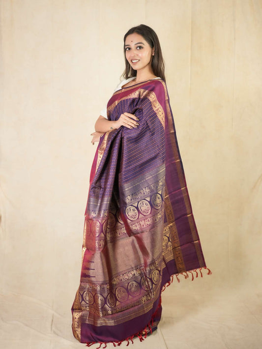 HANDWOVEN PURPLES BLUE COLOUR KANJEEVARAM SILK SAREE WITH 84 CM BLOUSE PIECE.