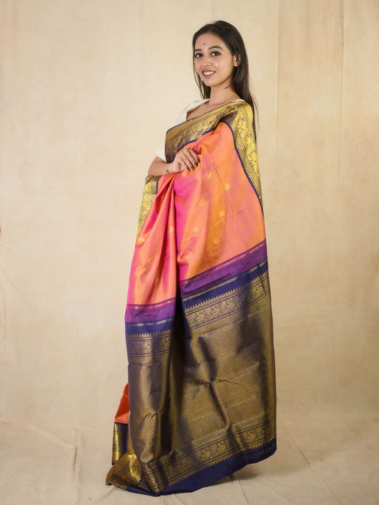 HANDWOVEN PEACH COLOUR KANJEEVARAM SILK SAREE WITH 76 CM BLOUSE PIECE