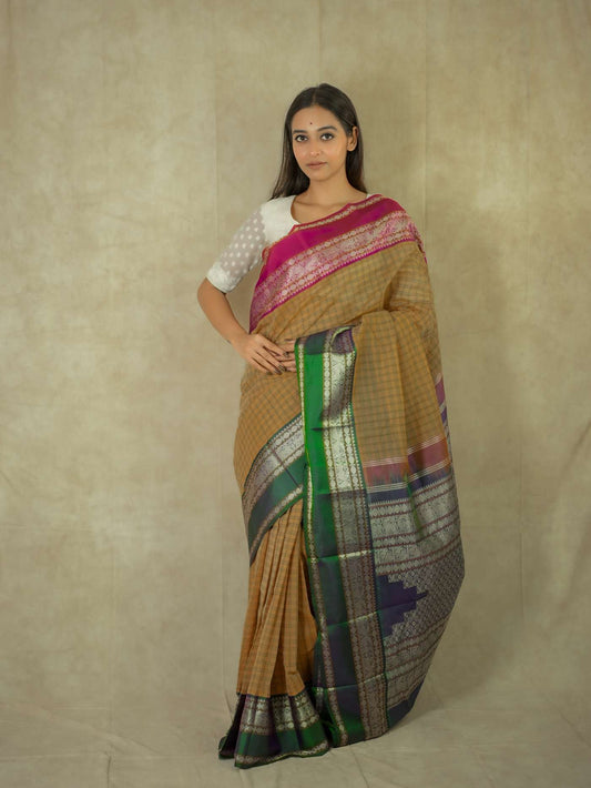 HANDWOVEN LIGHT YELLOW COLOR KANCHIPURAM COTTON SILK SAREE WITH 69 CM BLOUSE PIECE