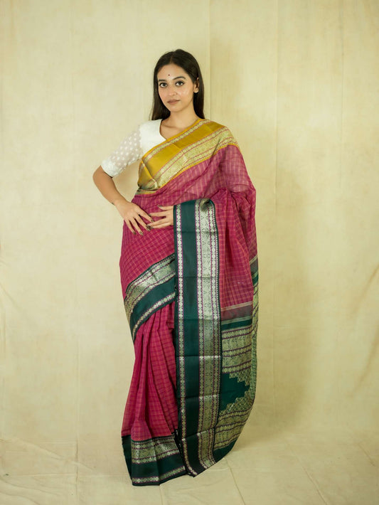 HANDWOVEN PURPELISH PINK COLOR KANCHIPURAM COTTON SILK SAREE WITH 69 CM BLOUSE PIECE