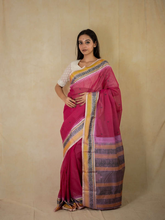 HANDWOVEN PINK COLOR KANCHIPURAM COTTON SILK SAREE WITH 71 CM BLOUSE PIECE