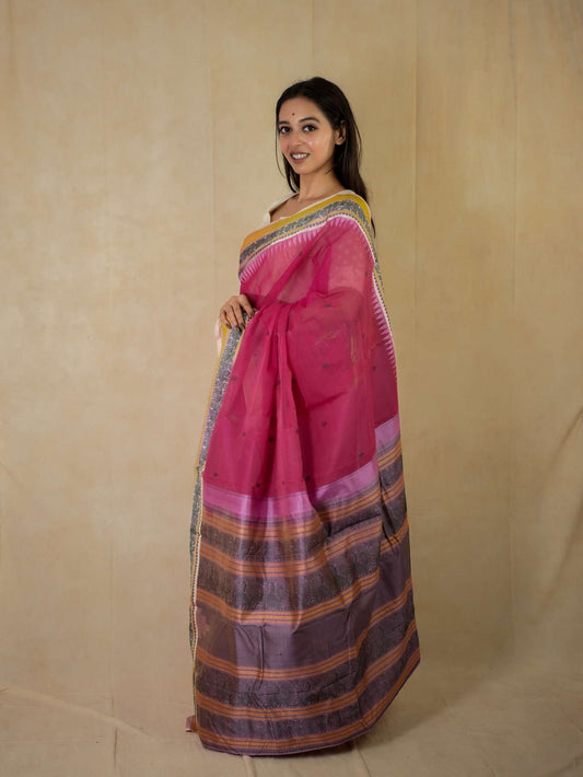 HANDWOVEN PINK COLOR KANCHIPURAM COTTON SILK SAREE WITH 71 CM BLOUSE PIECE